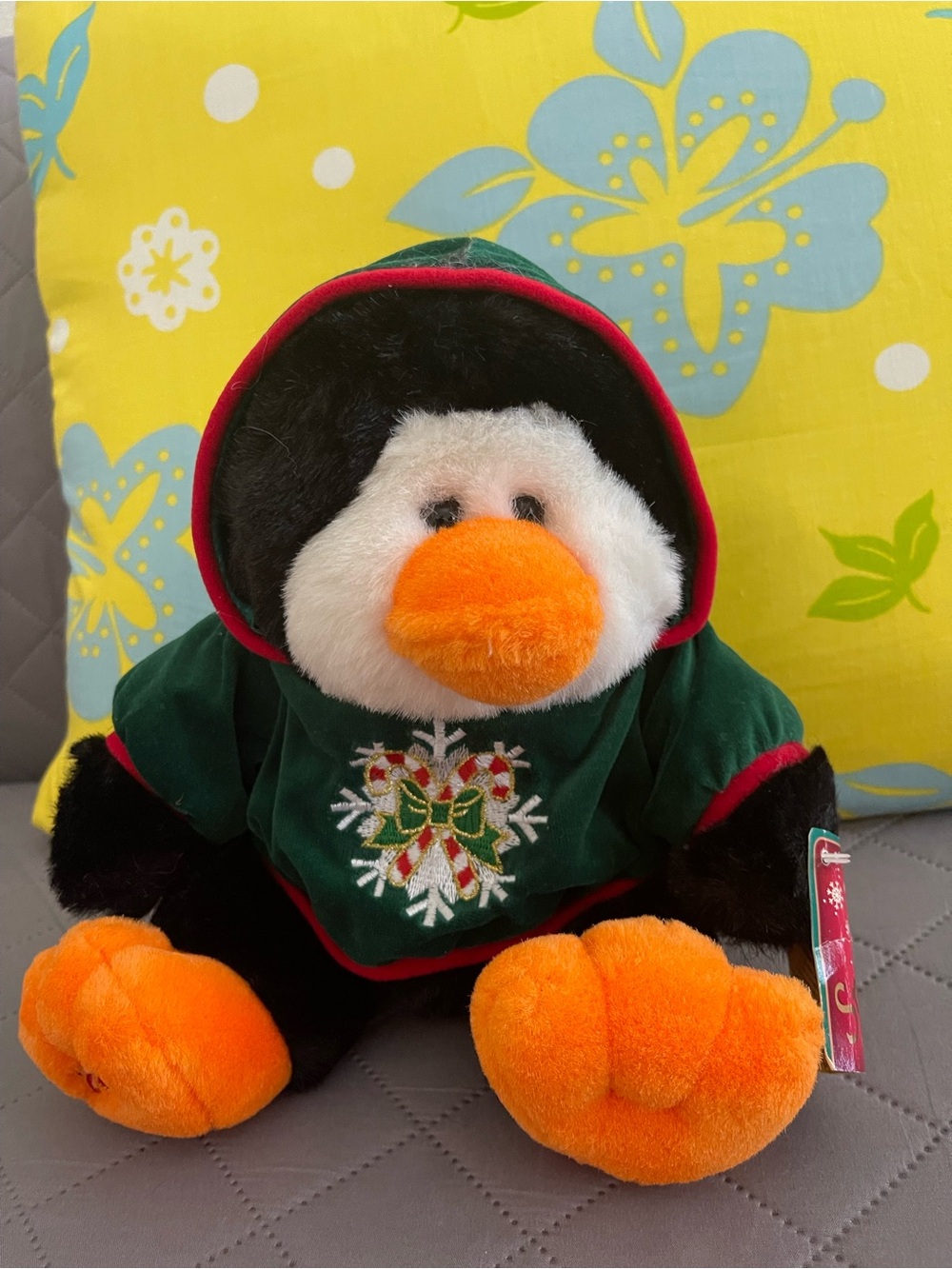 Plush Penguin Stuffed Animal in Green and Orange Hoodie - Soft Holiday Plush